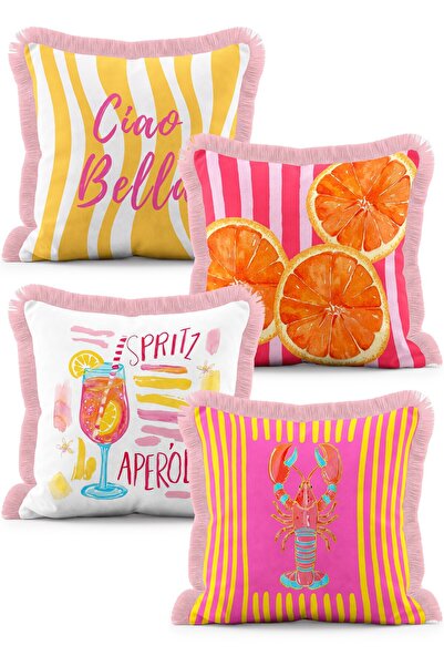 IdeCraft İtalyan Sahil Temalı Aperol ve Istakoz Desenli Pembe Saçaklı 4'lü Kı...
