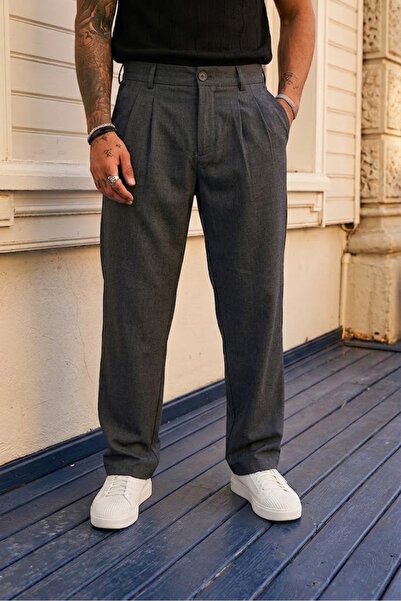 ElitWear Erkek Pileli Rahat Kalıp Beli Lastikli ve Kemerli Baggy Kumaş Pantolon
