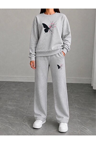 FUFLUNS Women's Butterfly Sakura Printed Cropped Crewneck Bottom/Upper Tracks...