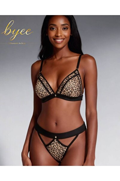 Byee Leopar Desenli Gold Parlak Taş Detaylı Kapsız İç Çamaşır Takımı