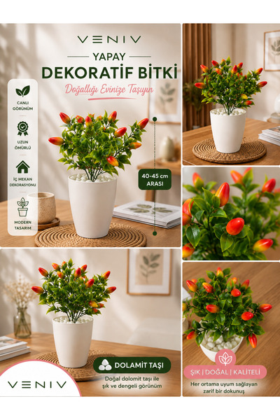 VENİV Yapay Dekoratif Kırmızı Meyve Bitkisi 40-45 cm | Dolomit Taşlı Beyaz Sa...
