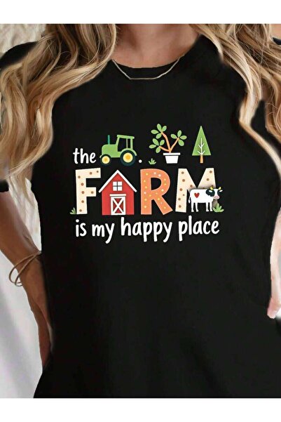2BIR تي شيرت فضفاض كبير الحجم بطباعة مسطحة بعبارة "FARM Is My Happy Place"، ق...