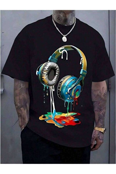 29CUN An' S Colorful Headphone Paint Print Black TShirt, Crew Neck, Casual Co...