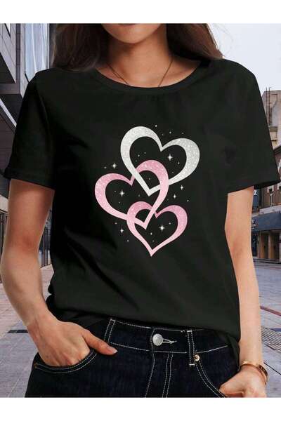 2BIR This Women'S Short-Sleeved Shirt Features "Pink Heart Heart-To-Heart" Pr...