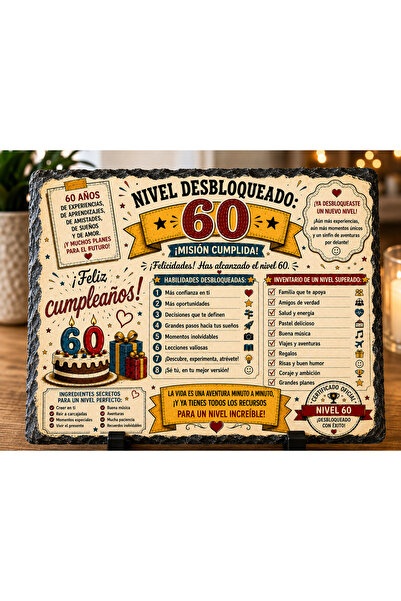 hiperborea Placă din Ardezie Personalizată – „Nivel Deblocat 60” – Cadou Aniv...