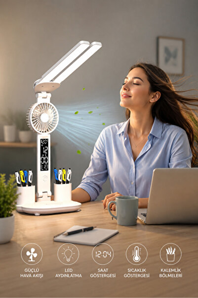 Kerasus 6’sı 1 Arada LED Masa Lambası Fanlı | 3 Renk Işık | 3 Kademeli Fan | Dijital Saat ve Derece Göstergeli | Kalemlikli Masa Lambası