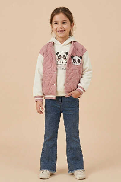 zumino Girl's Panda Printed College Jacket Sweatshirt 3-Piece Jean Set