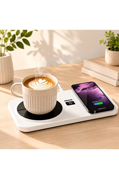 Generic Încălzitor de cană cu funcție încărcare wireless smartphone, alb