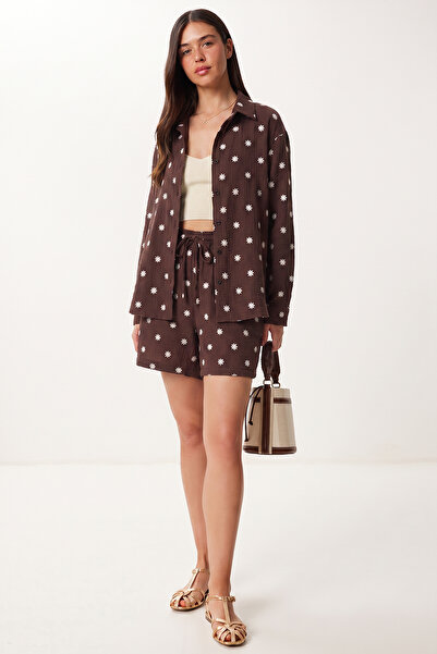 Lovelyİstanbul Embroidered Muslin Shirt Shorts Set Lax0014 Brown