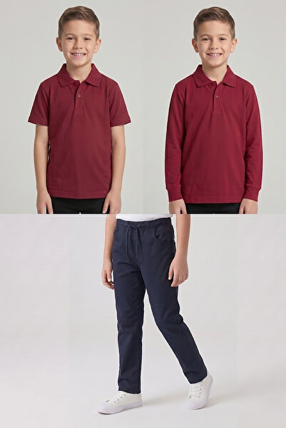 nacar çarşı Boys' School Burgundy Long and Short Sleeve Polo Collar T-Shirt N...