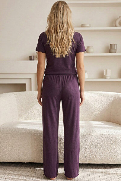 Siyah İnci mor Dantelli Pamuklu Fitilli Kaşkorse Örme Pijama Takım26120701