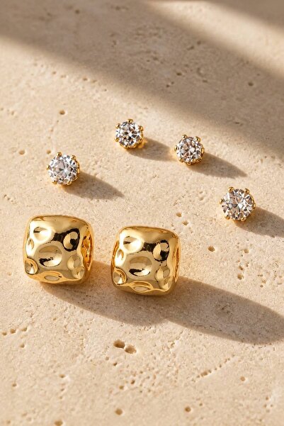 LYKOS Gold Color 3-Piece Zircon Stone Earring Set - Hammered Textured Square ...