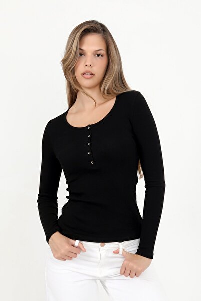 HDM Women's Black Long Sleeve Ribbed Buttoned Basic Knitted Blouse - H6162