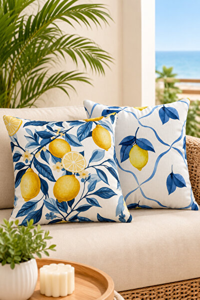ASDİVA Lemon Patterned Decorative Throw Pillow Cover – Yellow Navy Blue Medit...