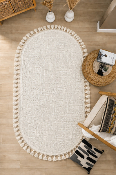 Merinos Rölyef Zeo Oval Örgü Saçaklı Kaymaz Taban Yıkanabilir Salon Koridor M...