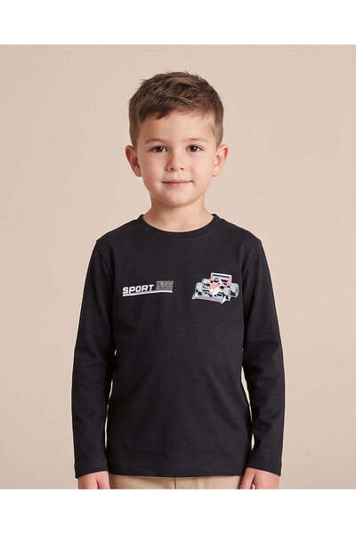 REDTAG Boy Black Car Print Long Sleeve T Shirt