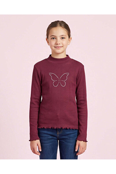 REDTAG Senior Girls Burgundy Rhinestone Rib Peter Pan High Neck T-Shirt