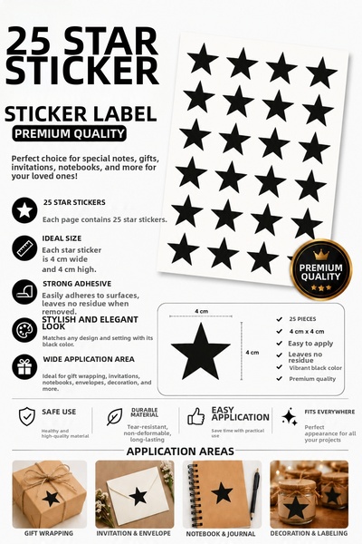 Organizasyon Pazarı 25 τεμάχια αυτοκόλλητη ετικέτα Black Star 4 cm Διακοσμητι...