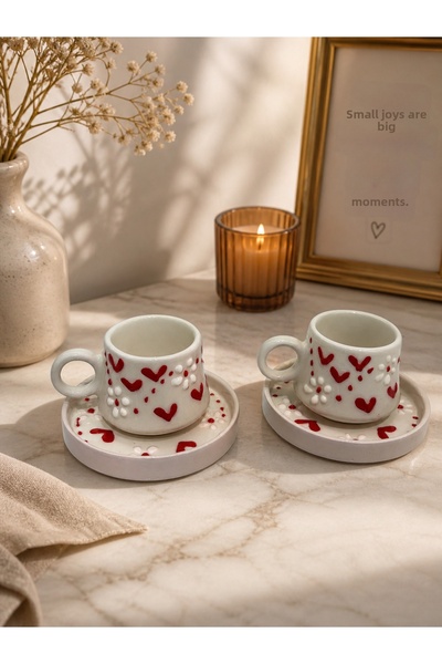 CEZVE HOME Red Heart and Daisy Patterned Ceramic Turkish Coffee Cup Set for 2...