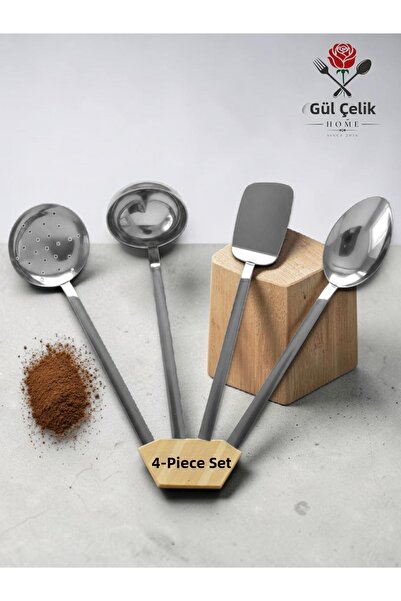 Gül Mutfak 4-Piece Kitchen Serving Set Ladle-Colander-Spatula-Spoon 18/0 Qual...