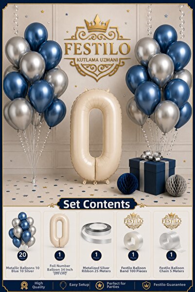FESTİLO Metallic Blue Silver Birthday Concept 20 Balloons Cream Foil Number B...