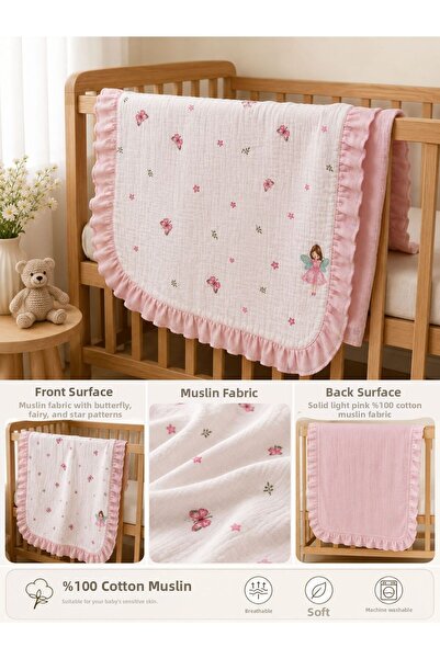 Zümra Baby 100% Cotton Muslin Baby Blanket with Ruffles, Double Layer Coverlet