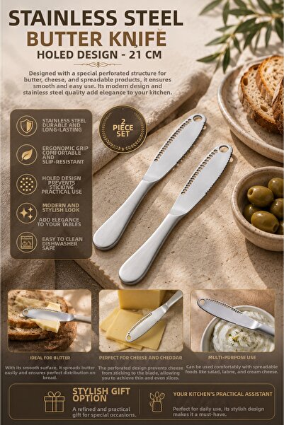 DİVAYS 2-Piece Stainless Steel Butter Knife 21 cm Perforated Cheese Cheddar S...