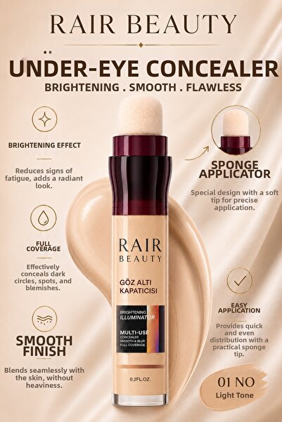 RAİR BEAUTY Intense Concealer with Sponge under Eye Concealer-Concealer Light...