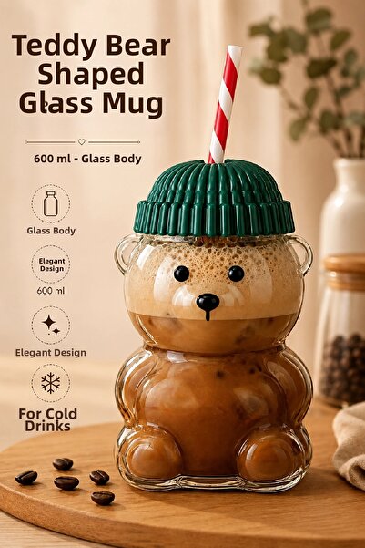 Berdina Home Teddy Bear Shaped Glass Water Bottle 550 ml White Straw Lid Wate...
