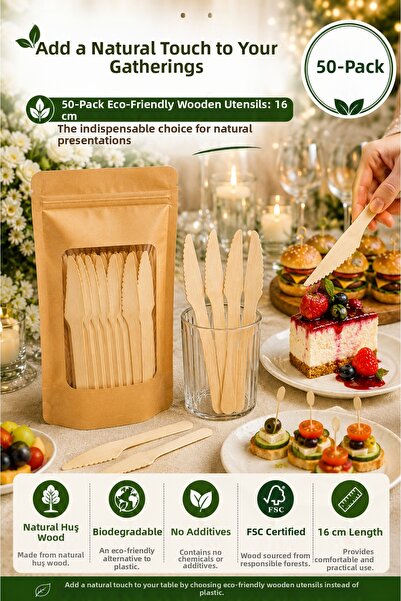 OpenCity 50-Piece Ecological Wooden Knife 16 cm Natural Birch Disposable Invi...