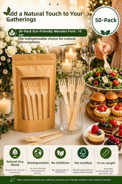 OpenCity 50-Piece Ecological Wooden Forks 16 cm Natural Birch Disposable Part...