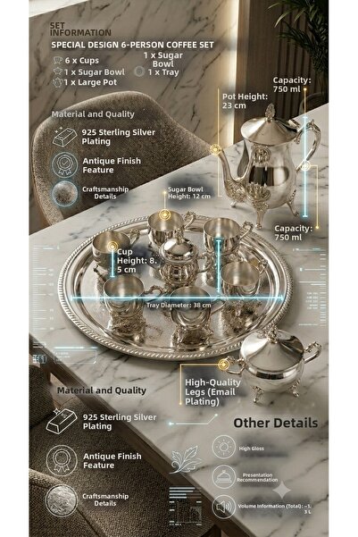 RİVO HOME DECOR Luxury 6-Person Coffee Set 925 Sterling Silver Plated – 750 m...