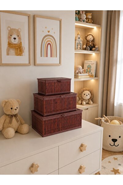 CHANCE GİFT Set of 3 Wooden Look Bamboo Storage Boxes with Lids, Cabinet Orga...