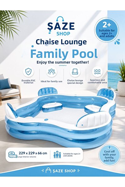 SAZE Inflatable Family Pool with Seat 229X229X66 cm Large Garden Pool Pvc Poo...