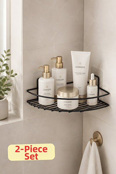 Parmeva Adhesive 2-Piece Set Bathroom Corner Shelf Corner Rack Shower Shampoo...