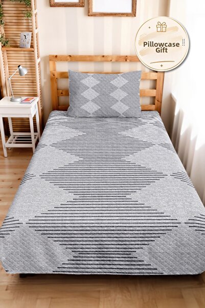 Evimde Bambaşka Gray Geometric Youth Room Single Pique Set - Anthracite Strip...