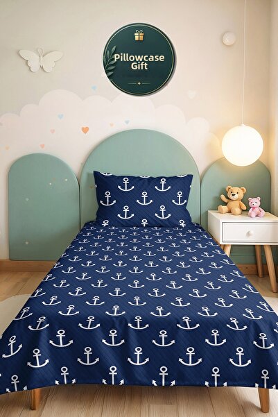 Evimde Bambaşka Navy Blue Anchor Youth Room Single Pique Set - Nautical 160X2...