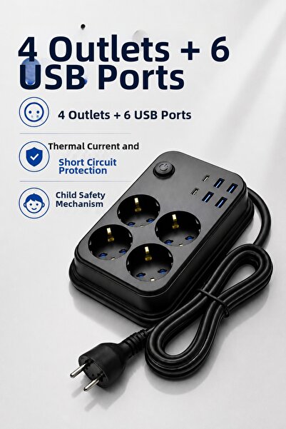 Coverzone 4-Outlet Surge Protected Socket with 4 USB and 2 Type-C 2500W 2-Met...