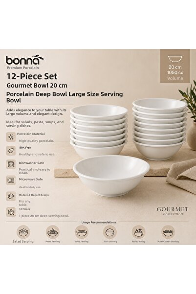 Bonnami Bonna Gourmet Porcelain Large Size Serving Bowl Deep Plate 20 cm 1050 Cc