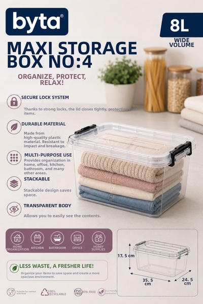 BYTA 8 Liter Transparent Multi-Purpose Storage Box with Lockable Lid Maxi Org...