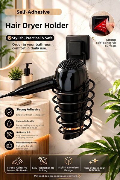 Tercih Home Adhesive Hair Dryer Hanger, Matte Black Blow Dryer Adhesive Hair ...
