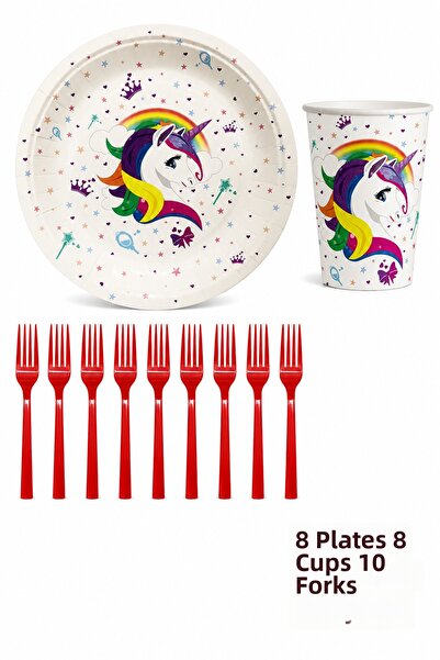 BALON DİYARI Unicorn Themed Paper Cup and Fork Set – Birthday Party Supplies