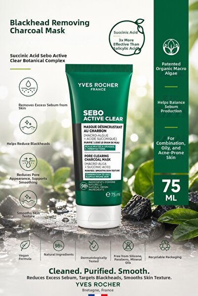 Yves Rocher Anti-Blackhead & Pore Tightening Charcoal Face Mask for Combinati...