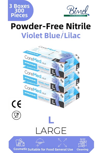 COREMED قفازات فحص النتريل ليلك مقاس L - 3 عبوات تحتوي على 100 قطعة