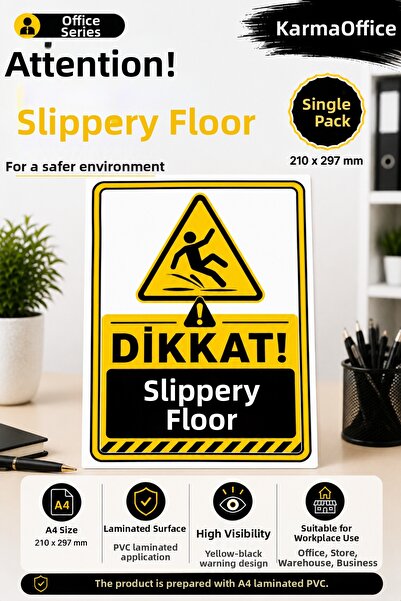 KarmaOfis A4 Caution Slippery Floor Warning Sign Pvc Laminated Wet Floor Caut...
