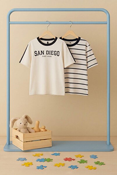 TRENDYOLKIDS Μπλε-Εκρού Ριγέ Πλεκτό T-Shirt TKDSS26TS00037