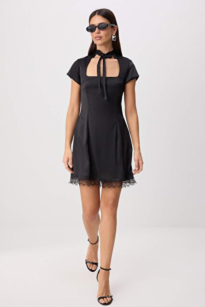 Trendyol Collection Black Lace Stripe Low-Cut Tie Detail Mini Dress Twoss26El...