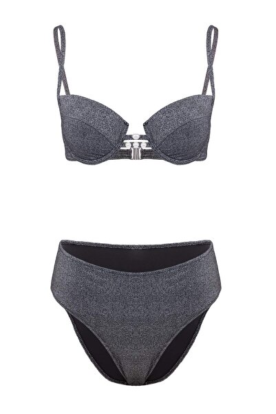 Trendyol Kollektion Schwarzes Glitzer-Balconette-Set mit Perlenbesatz und hoh...