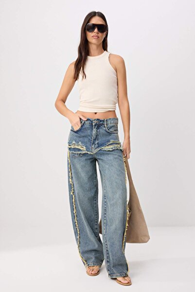 Trendyol Collection Blue Ripped Detailed High Waist Wide Leg Jeans Twoss26Je0...