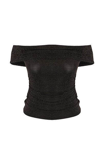 Trendyol Curve Gold Glitter Knitted Carmen Collar Knitted Plus Size Blouse Tb...